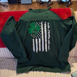 Green Long Sleeve Cold Shoulder Shirt (sweatshirt) with Shamrock and Flag Design